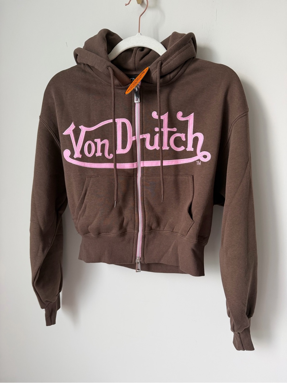 Von Dutch Brown Pink rhinestone Logo Zip up hoodie